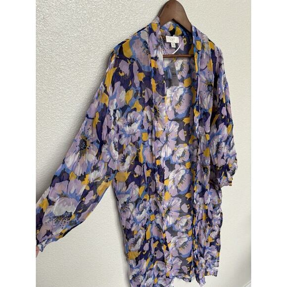 NWT Ann Taylor LOFT boho floral duster multicolor xs/s hippie beach purple sheer - Picture 2 of 5